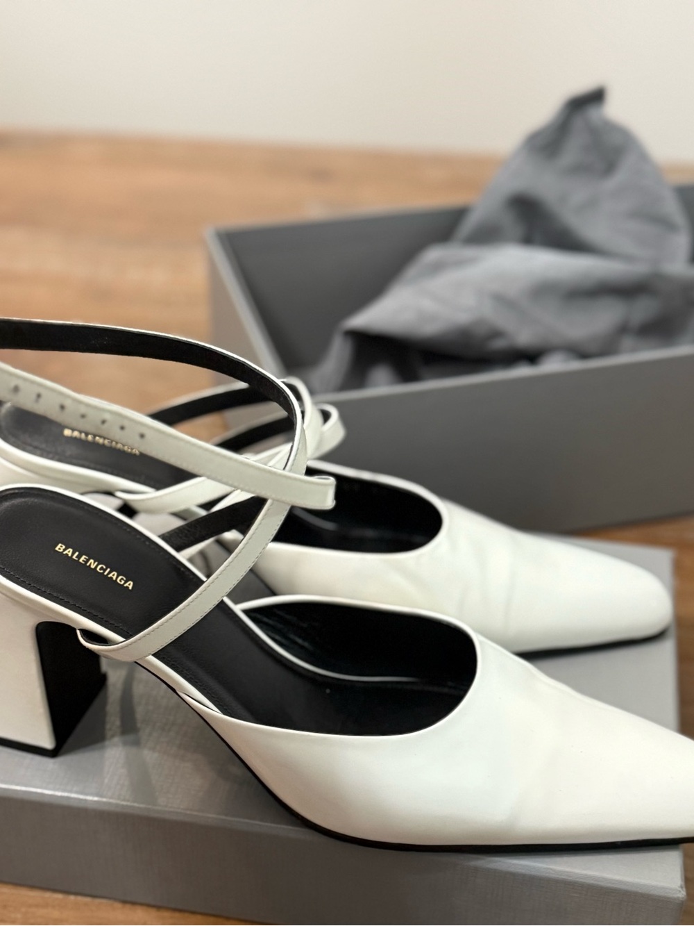 Balenciaga White Leather Strappy Block Heel Pumps